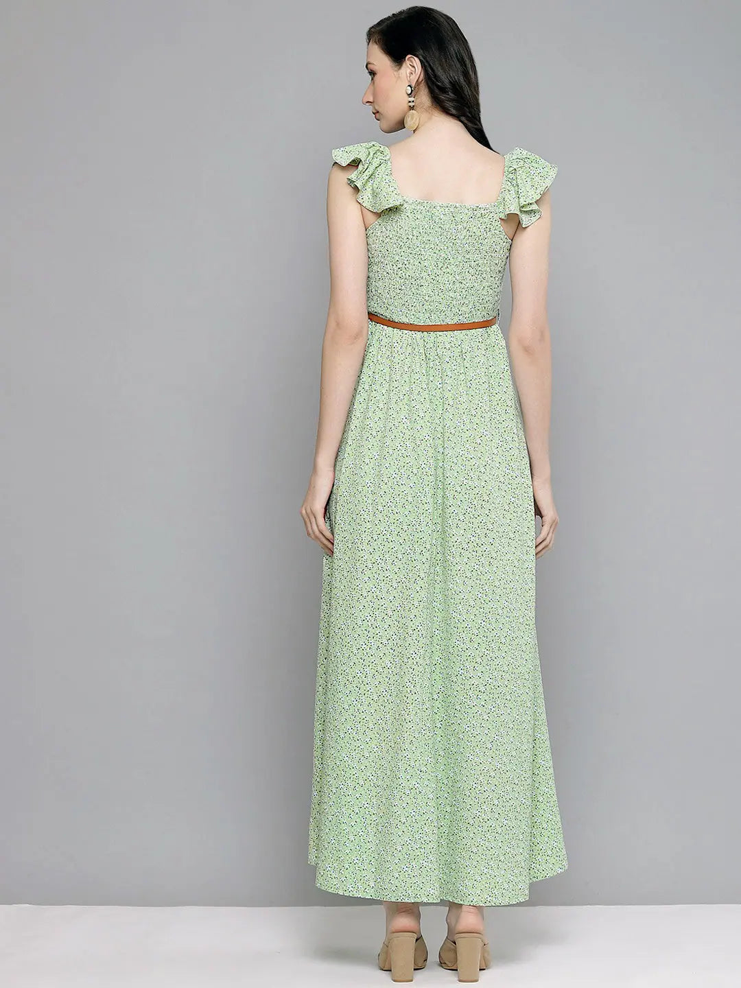 Green Floral Bardot Belted Maxi Dress | Ethnic Lehenga Style