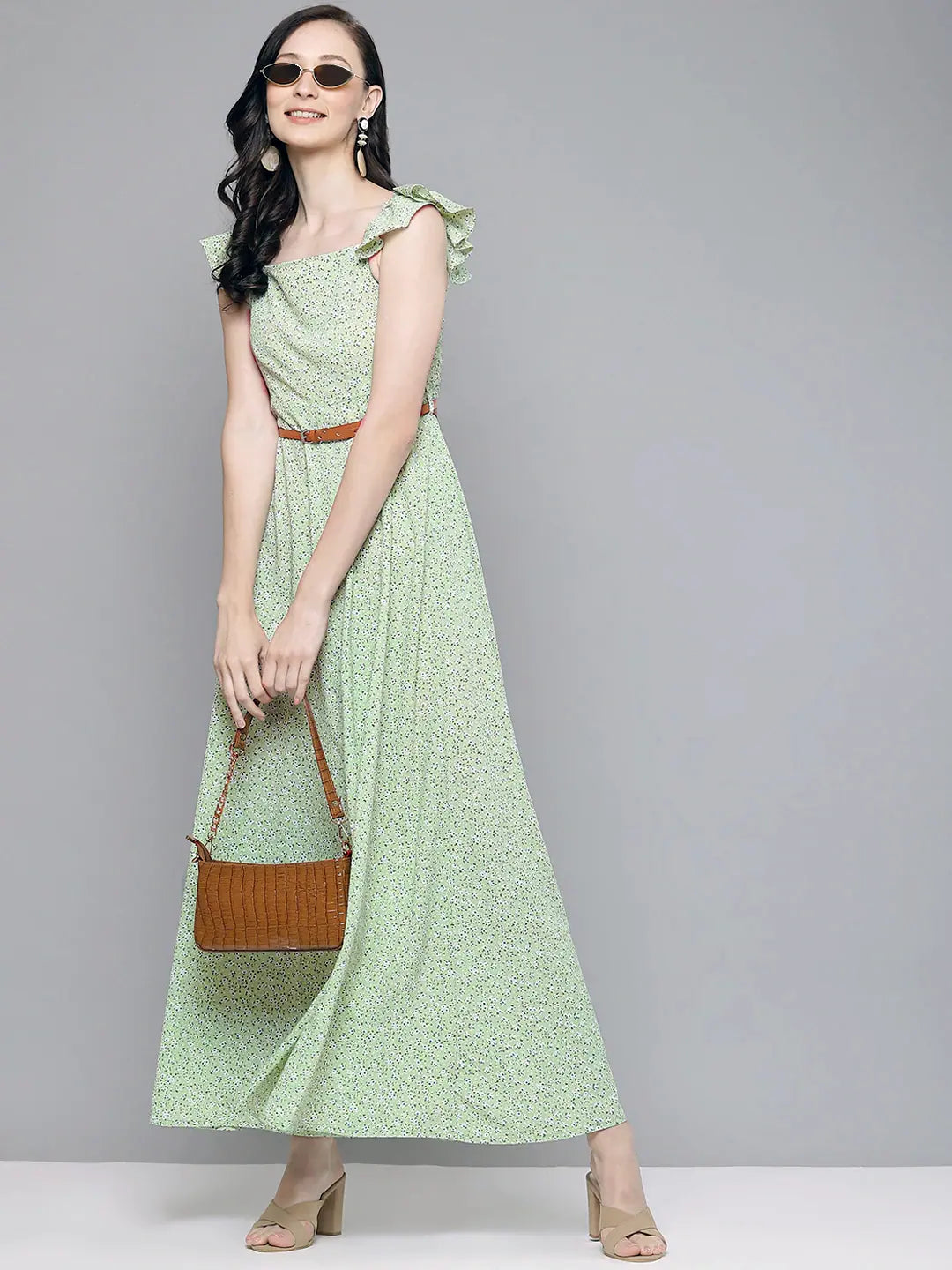 Green Floral Bardot Belted Maxi Dress | Ethnic Lehenga Style