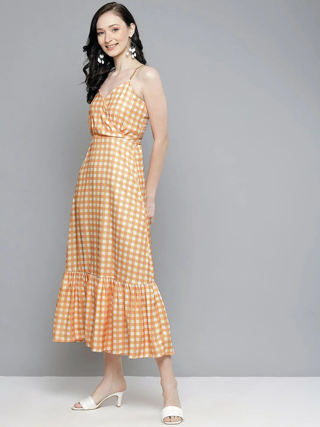 Orange & White Check Strappy Maxi Dress | Women's Fashion