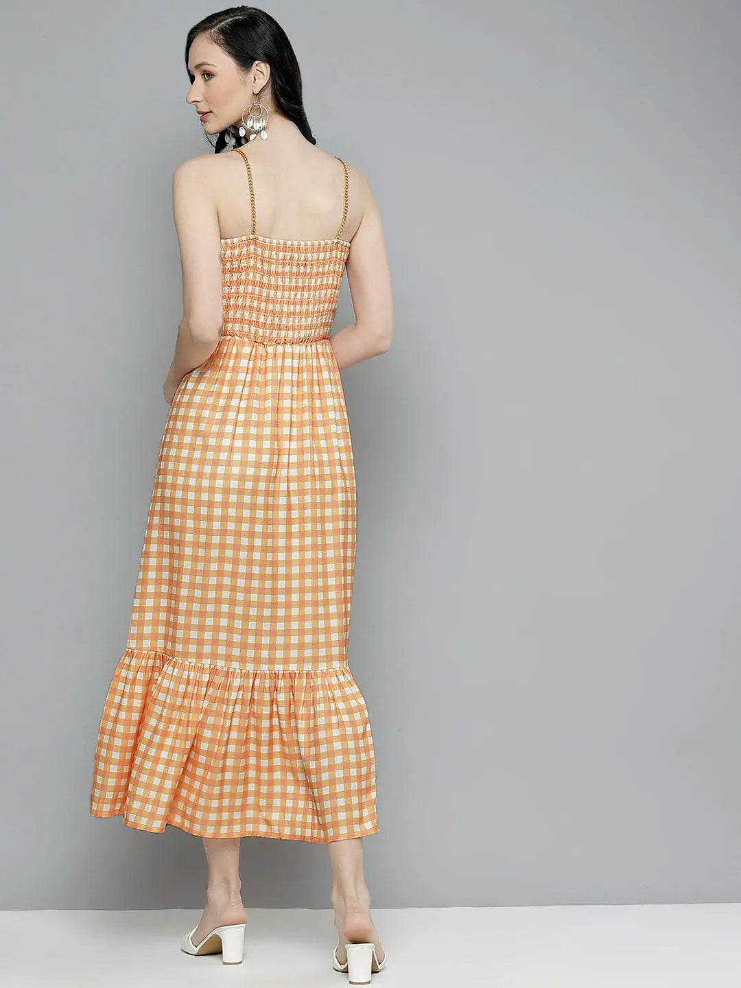 Orange & White Check Strappy Maxi Dress | Women's Fashion