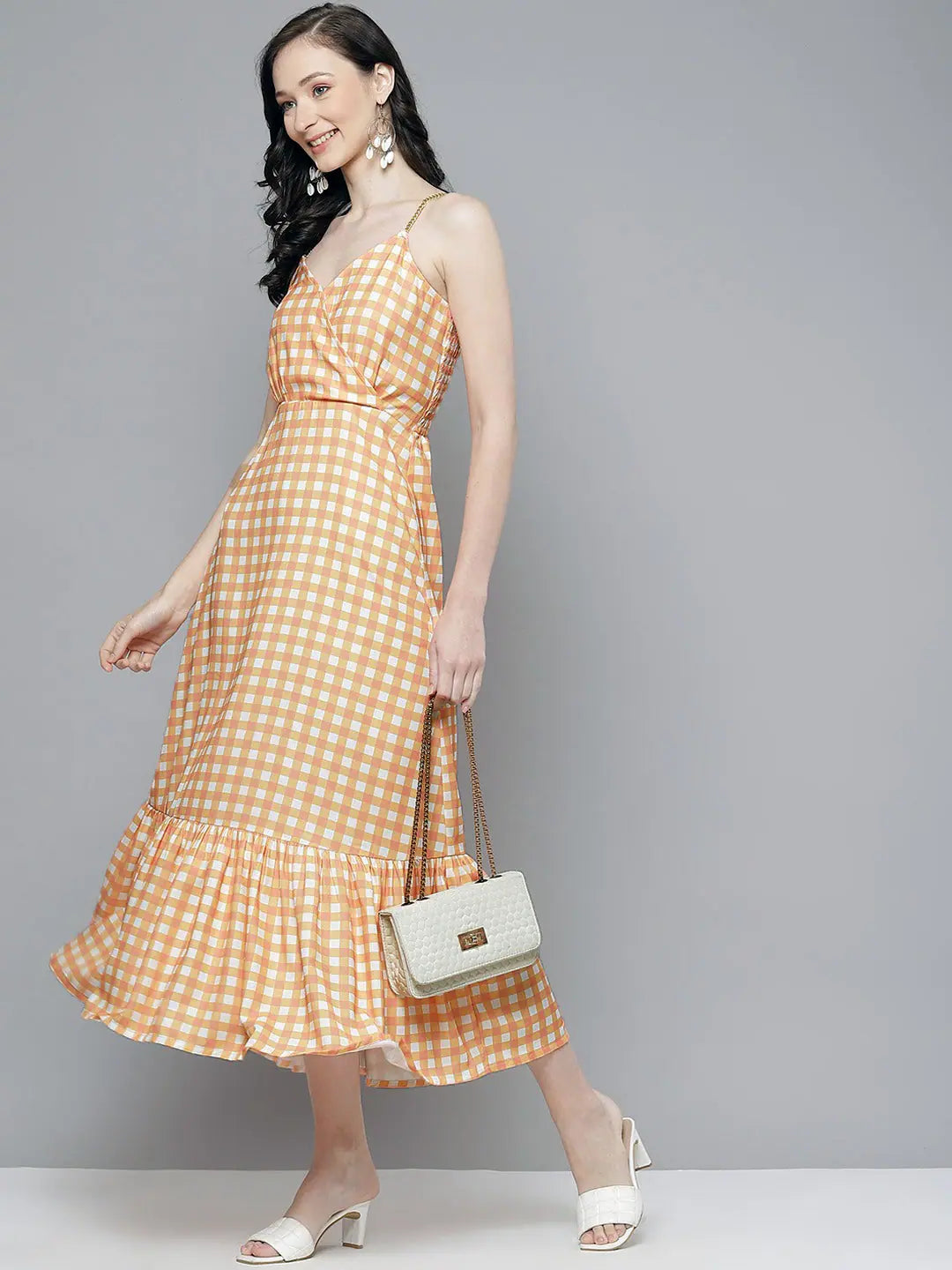Orange & White Check Strappy Maxi Dress | Women's Fashion