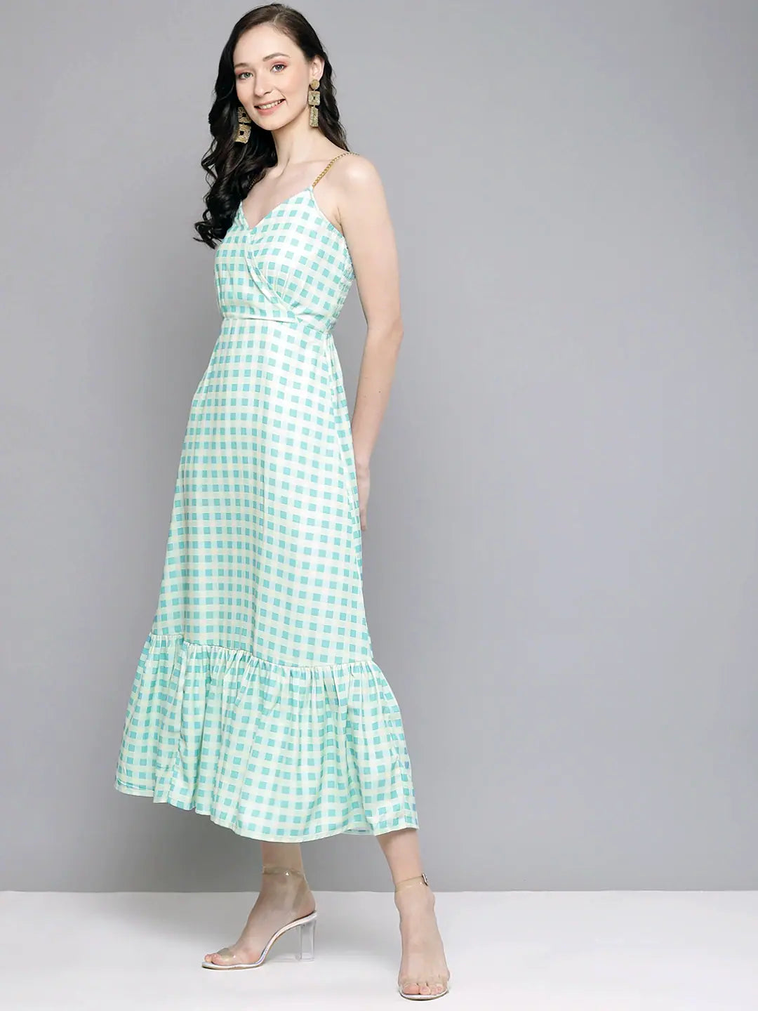 Blue & Yellow Check Strappy Women Maxi - Printed Polyester