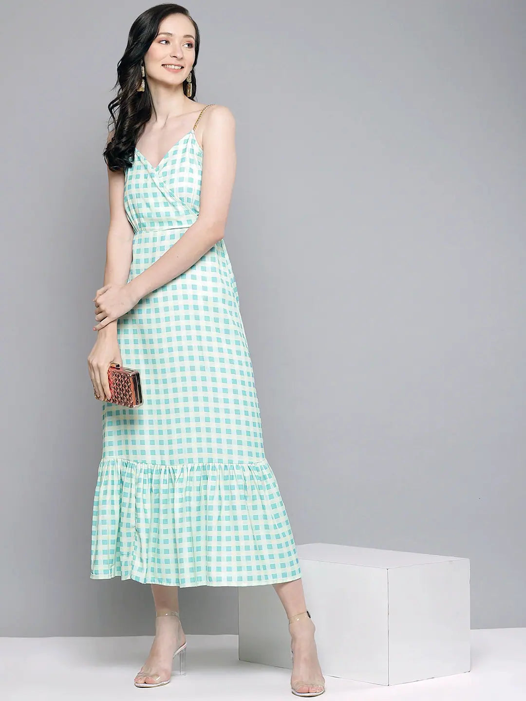 Blue & Yellow Check Strappy Women Maxi - Printed Polyester