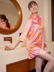 Women Pink Satin Tropical Print Shirt Dress-SFDRSS11118S