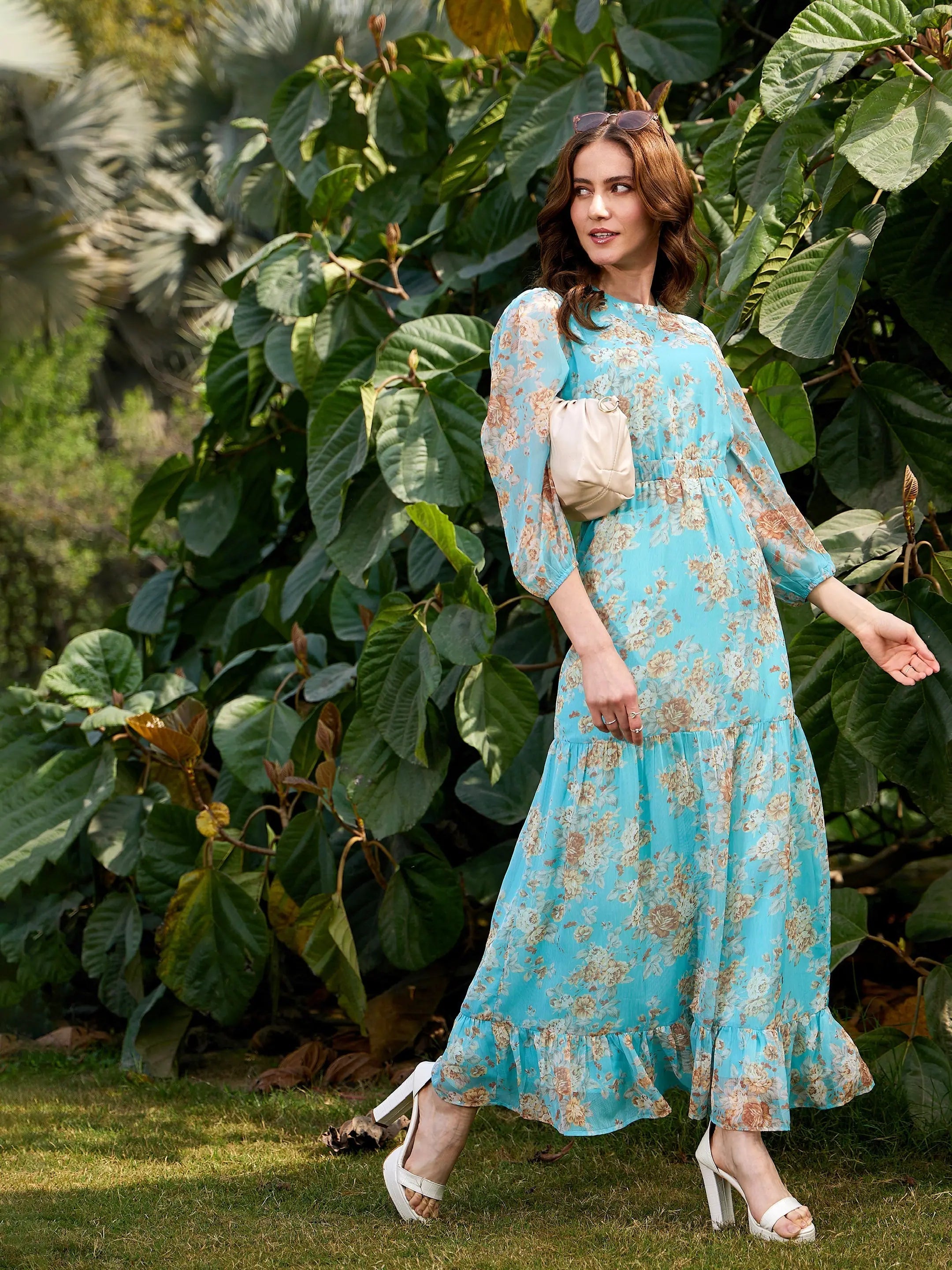 Turquoise Floral Cut Out Maxi Dress | Women's Lehenga for Women