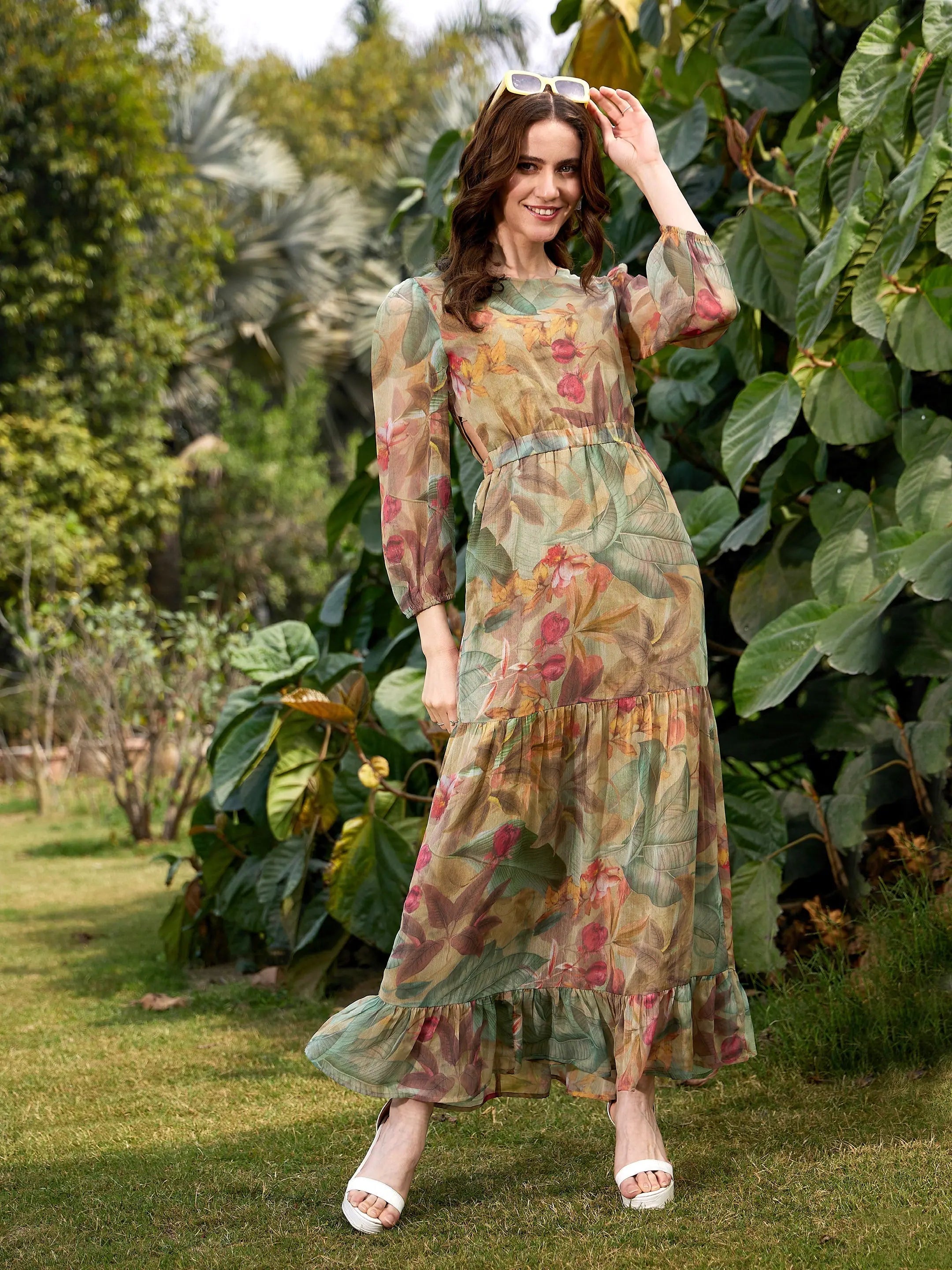 Green Jungle Print Cut Out Maxi Dress