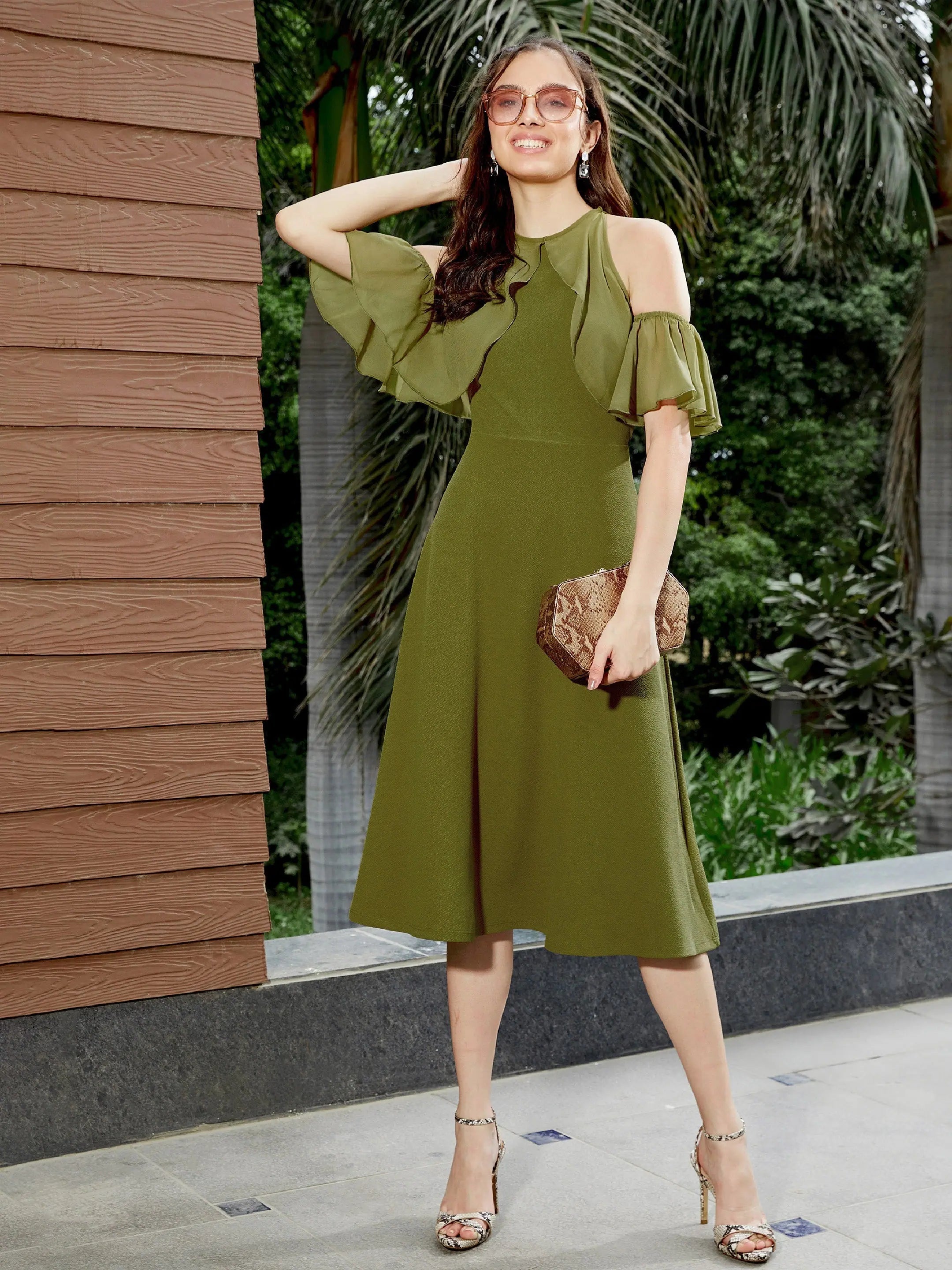 Olive Sleeve Frill Detail Midi Dress | Women's Lehenga Inspired