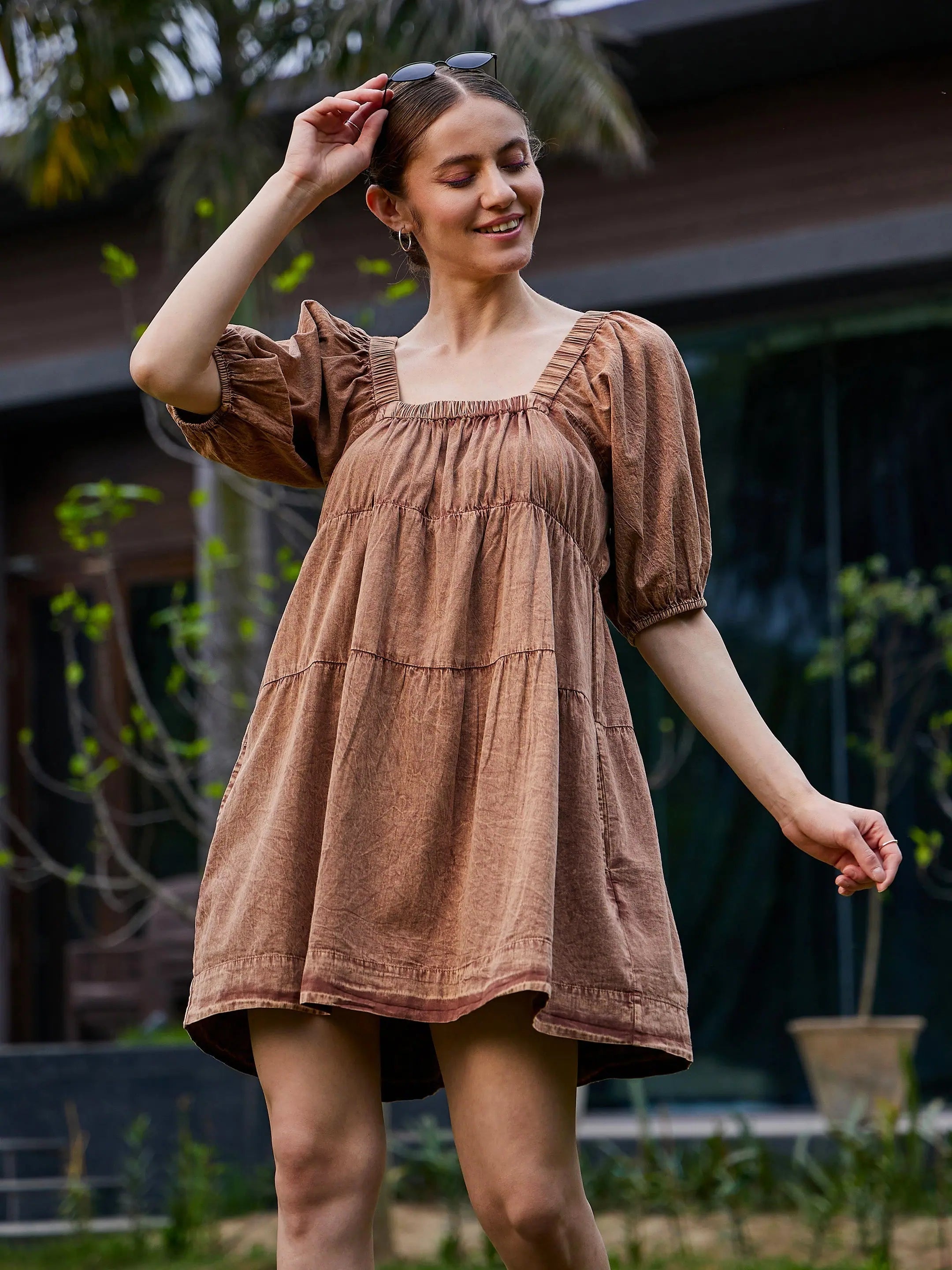 Brown Washed Tiered Dress | Women's Casual Cotton Dress