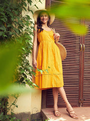 Women Mustard Schiffli Strappy Midi Dress-SFDRSS11299