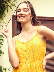 Women Mustard Schiffli Strappy Midi Dress-SFDRSS11299