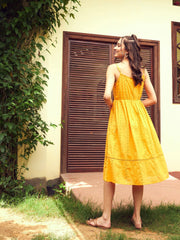 Women Mustard Schiffli Strappy Midi Dress-SFDRSS11299