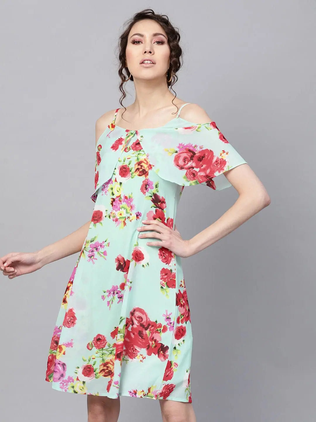 Aqua Floral Fit & Flare Strap Dress - Layered Knee Length