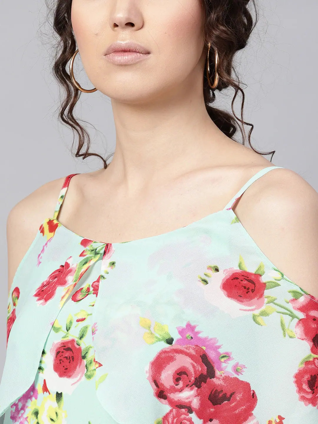 Aqua Floral Fit & Flare Strap Dress - Layered Knee Length
