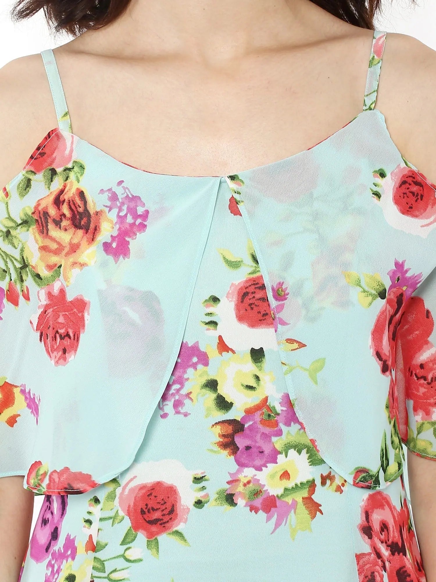 Aqua Floral Fit & Flare Strap Dress - Layered Knee Length
