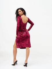 Women Red Velvet Side Slit Midi Dress-SFDRSS11498