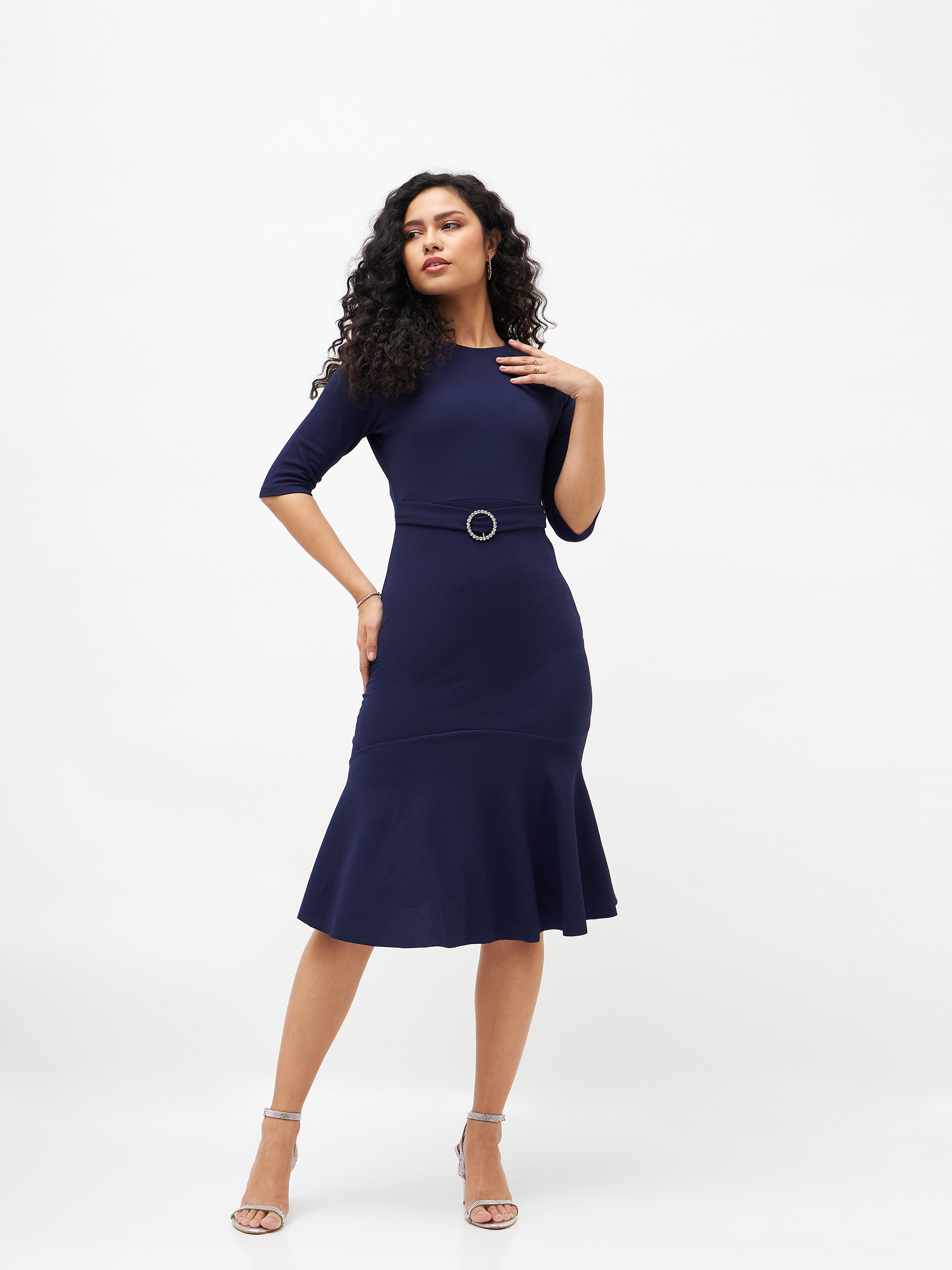 Women Navy Frill Hem Belted Midi Dress-SFDRSS11505