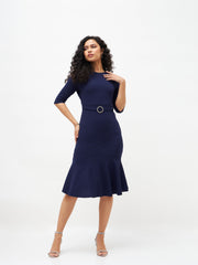 Women Navy Frill Hem Belted Midi Dress-SFDRSS11505