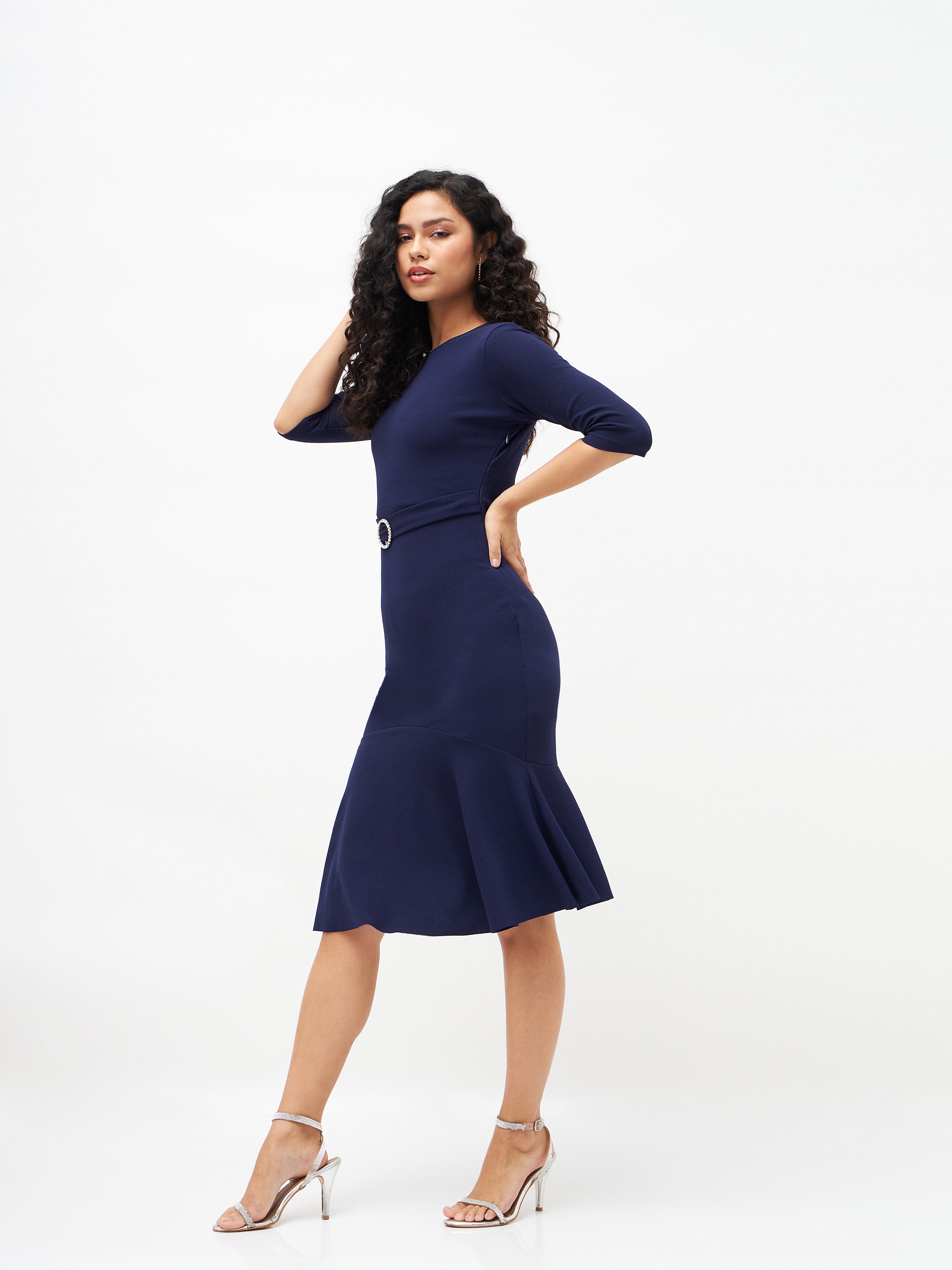 Women Navy Frill Hem Belted Midi Dress-SFDRSS11505