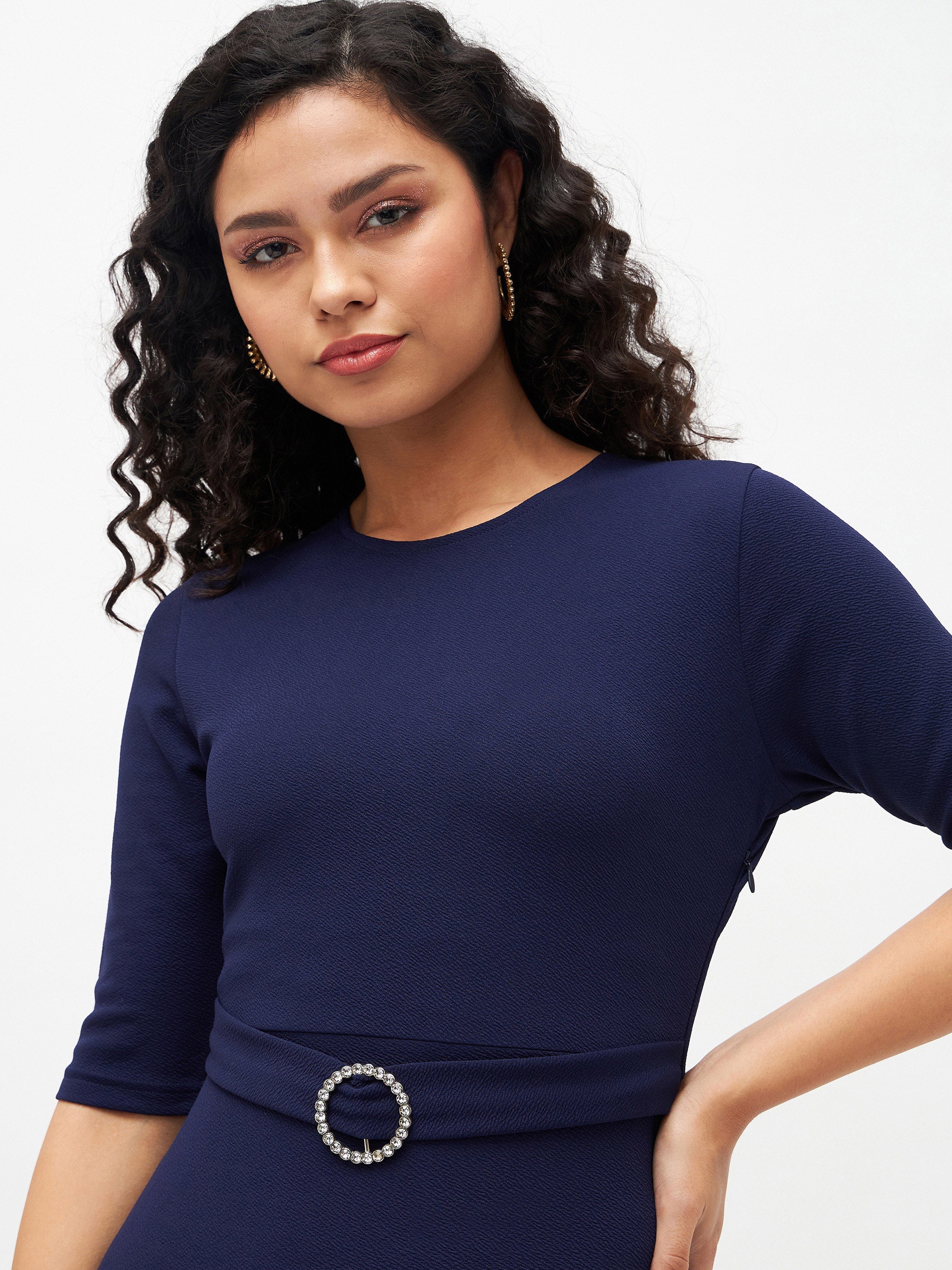 Women Navy Frill Hem Belted Midi Dress-SFDRSS11505