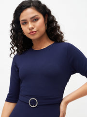 Women Navy Frill Hem Belted Midi Dress-SFDRSS11505