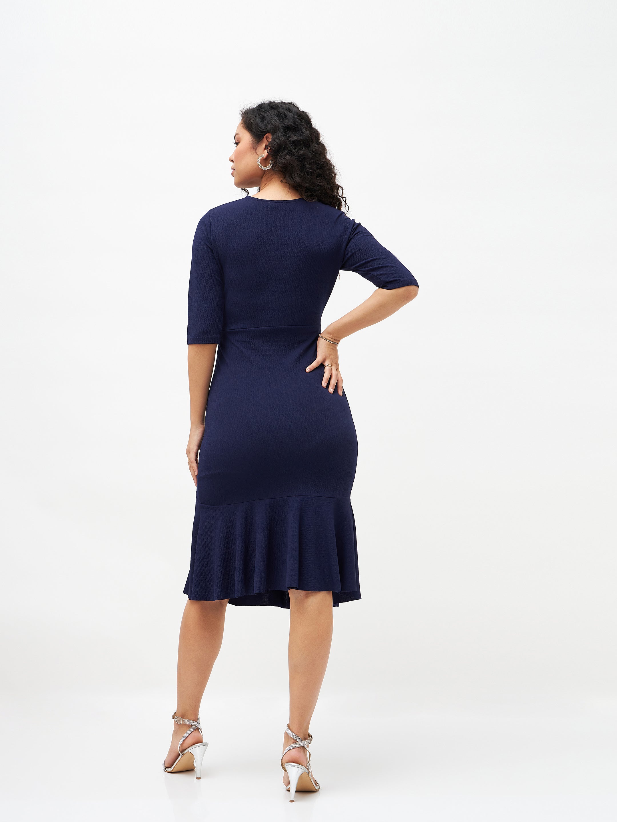 Women Navy Frill Hem Belted Midi Dress-SFDRSS11505