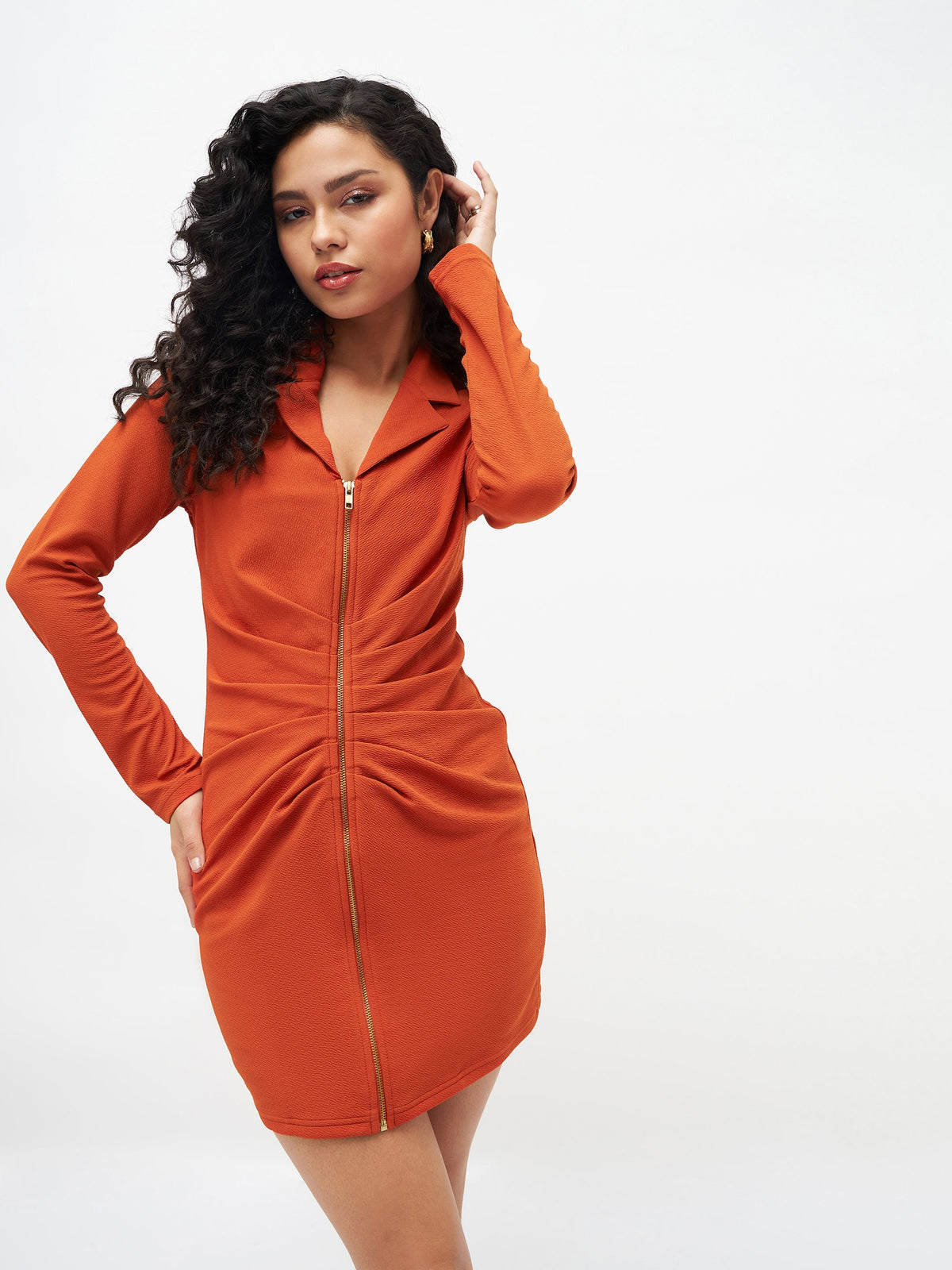 Women Orange Front Zipper Bodycon Dress-SFDRSS11510