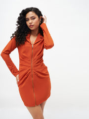 Women Orange Front Zipper Bodycon Dress-SFDRSS11510