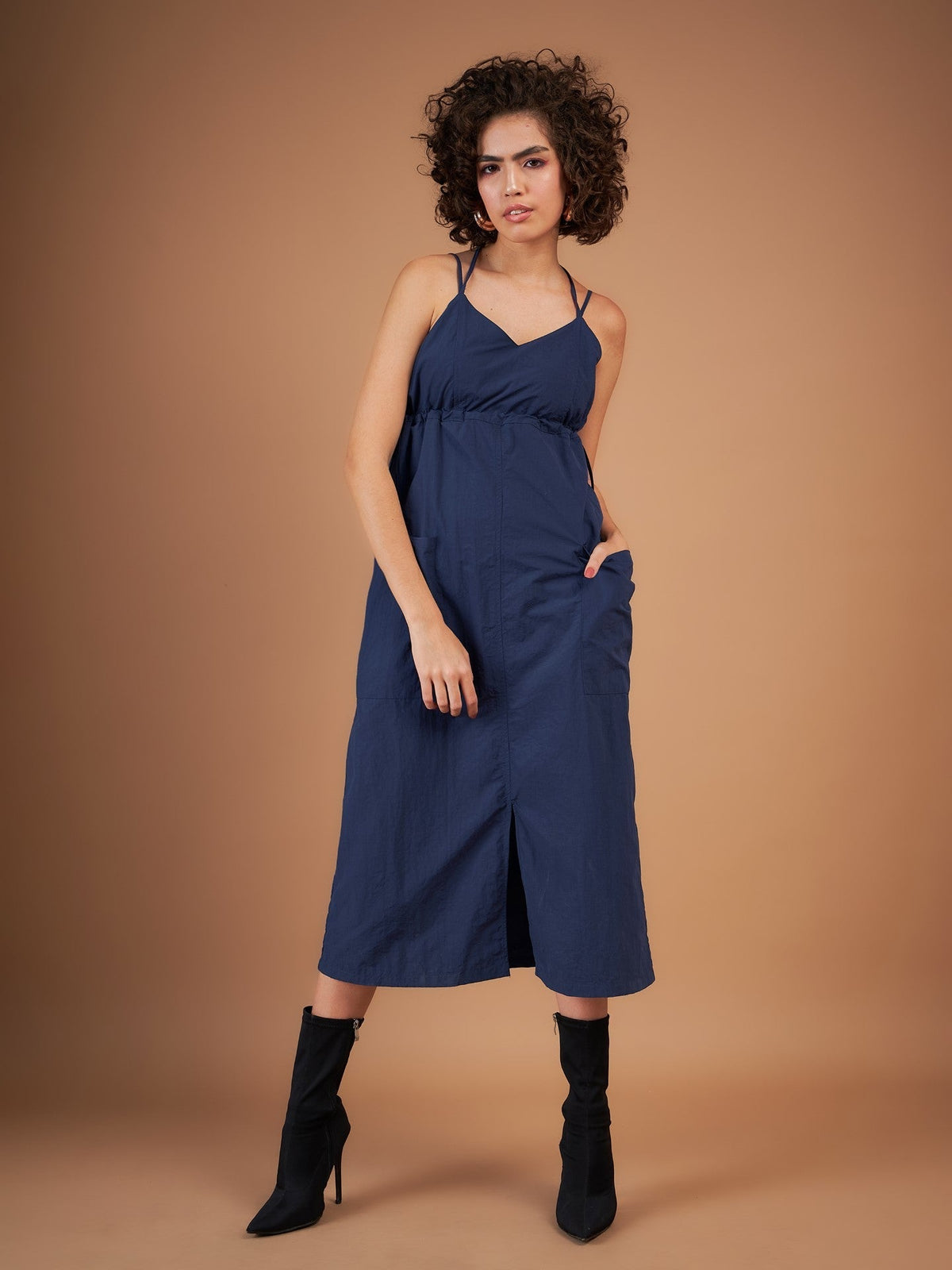 Women Navy Front Pockets Parachute Dungaree Dress-SFDRSS11662