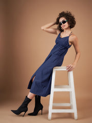 Women Navy Front Pockets Parachute Dungaree Dress-SFDRSS11662