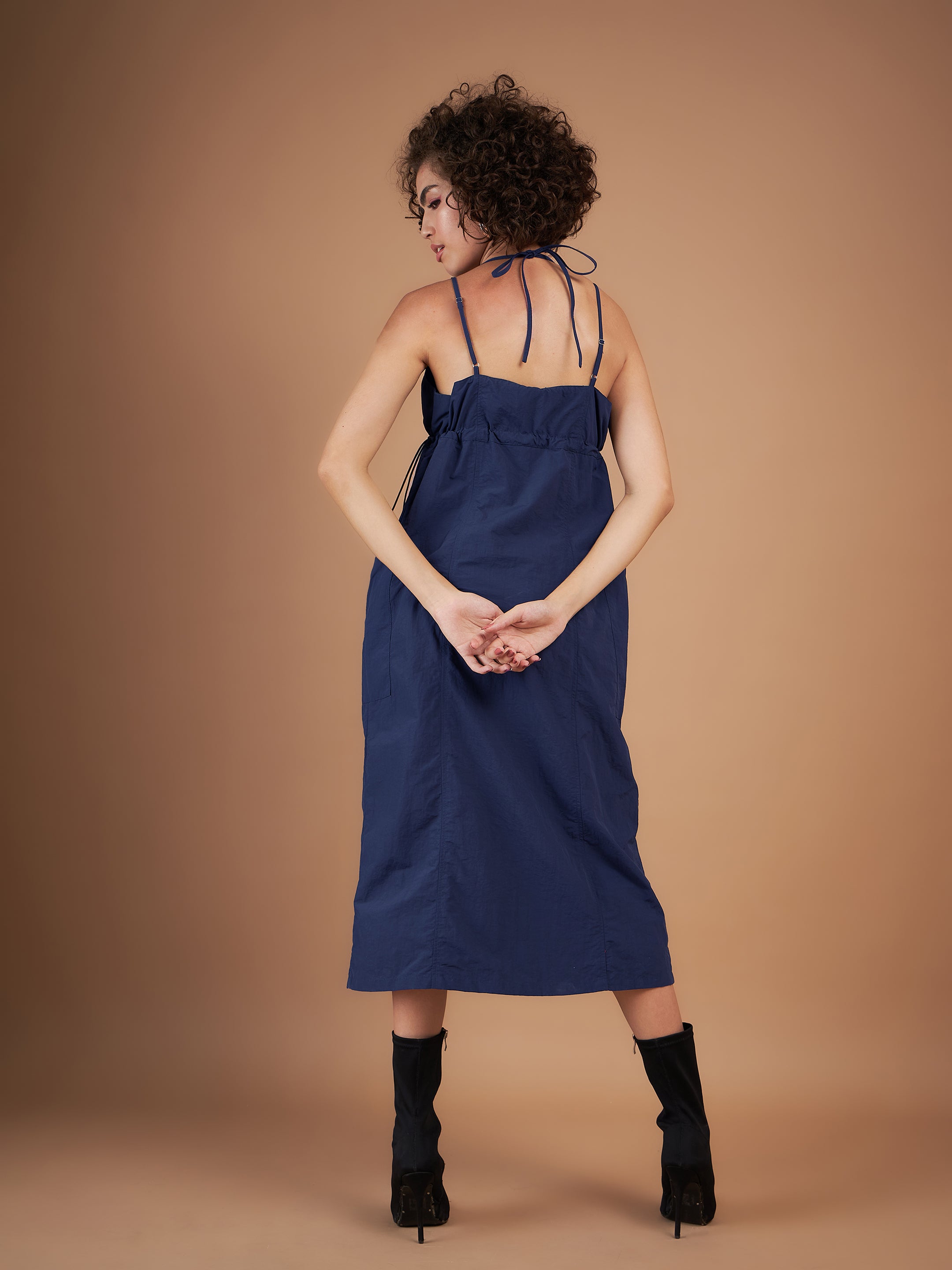 Women Navy Front Pockets Parachute Dungaree Dress-SFDRSS11662