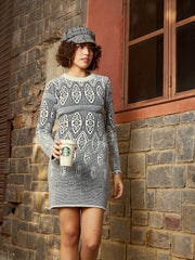 Women Grey & Black Geo Woolen Sweater Dress-SFDRSS11728