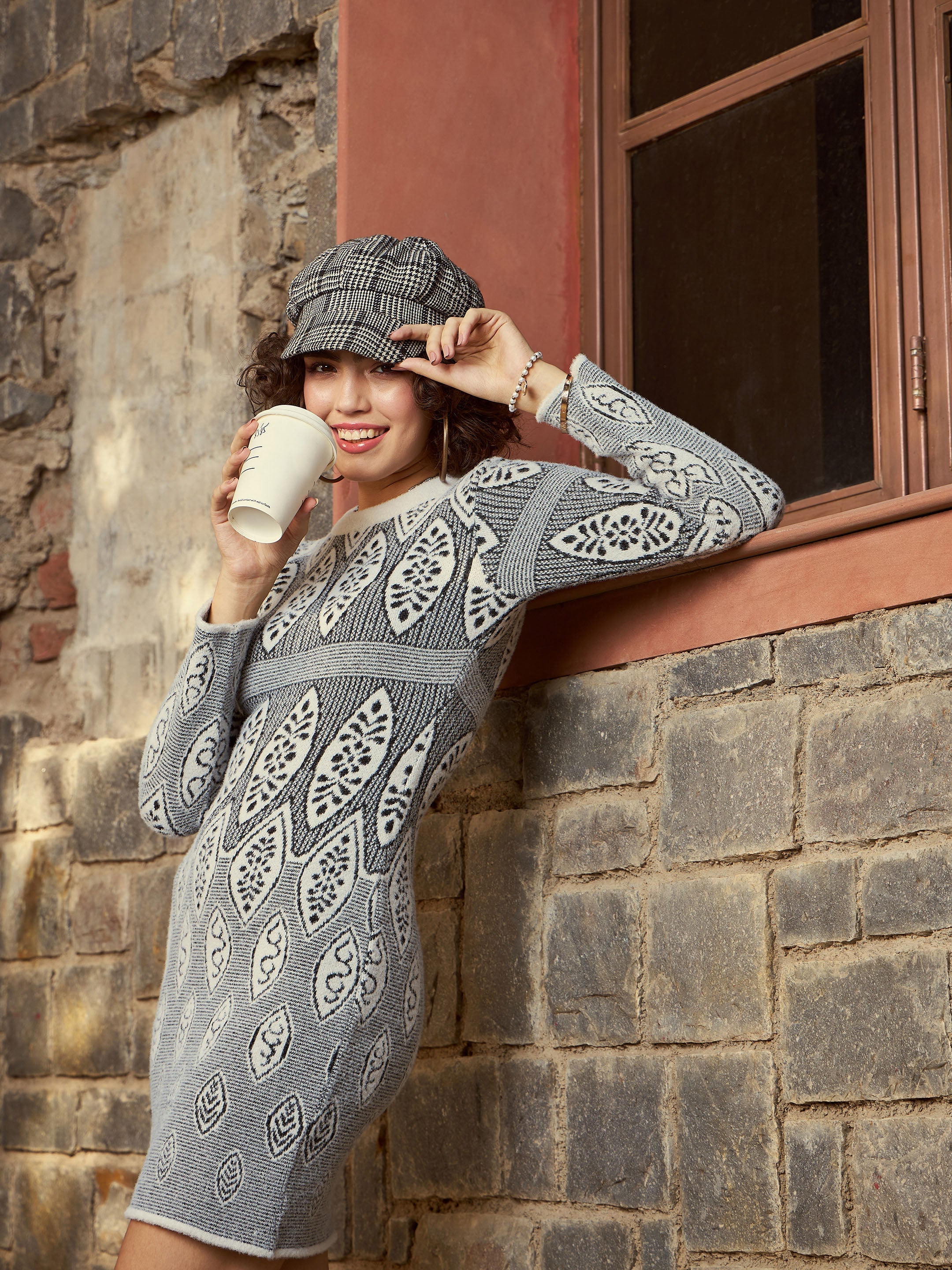 Women Grey & Black Geo Woolen Sweater Dress-SFDRSS11728