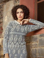 Women Grey & Black Geo Woolen Sweater Dress-SFDRSS11728