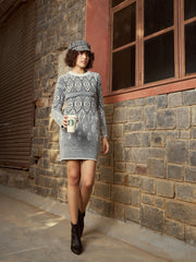 Women Grey & Black Geo Woolen Sweater Dress-SFDRSS11728