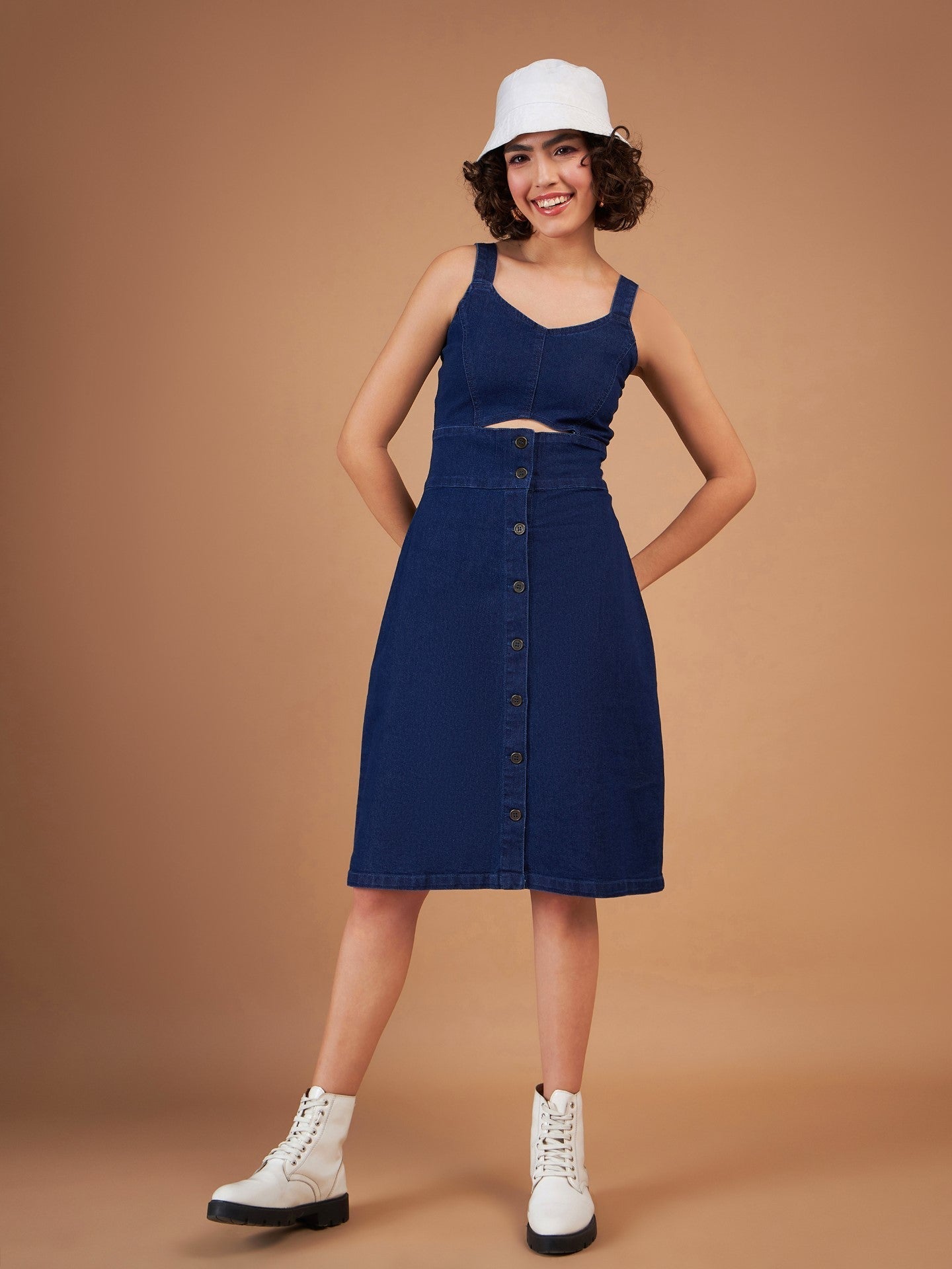 Women Navy Denim Wash Strappy Dress-SFDRSS11879