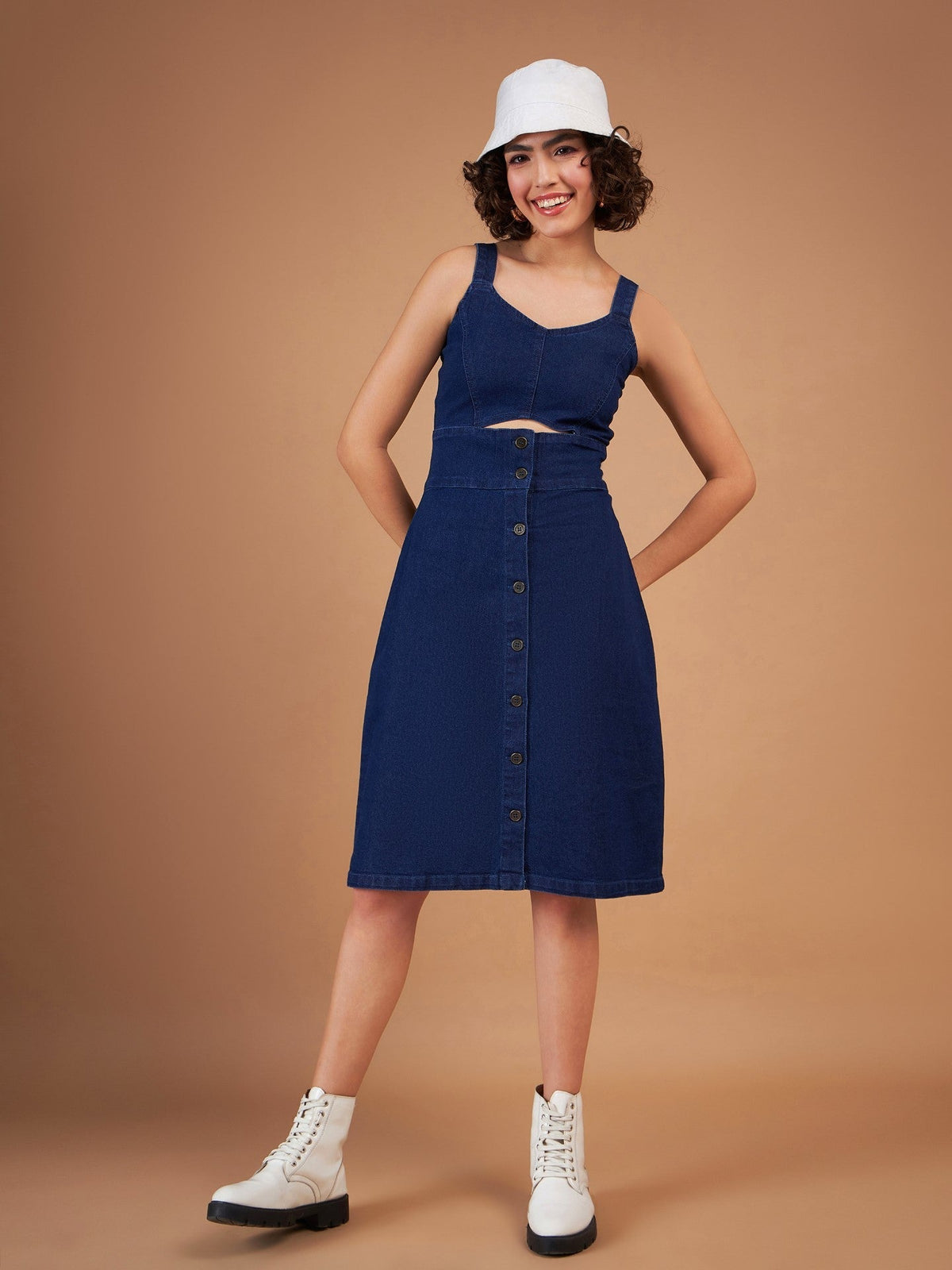 Women Navy Denim Wash Strappy Dress-SFDRSS11879