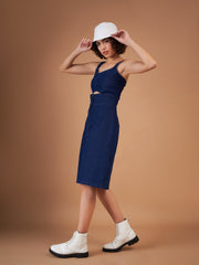 Women Navy Denim Wash Strappy Dress-SFDRSS11879