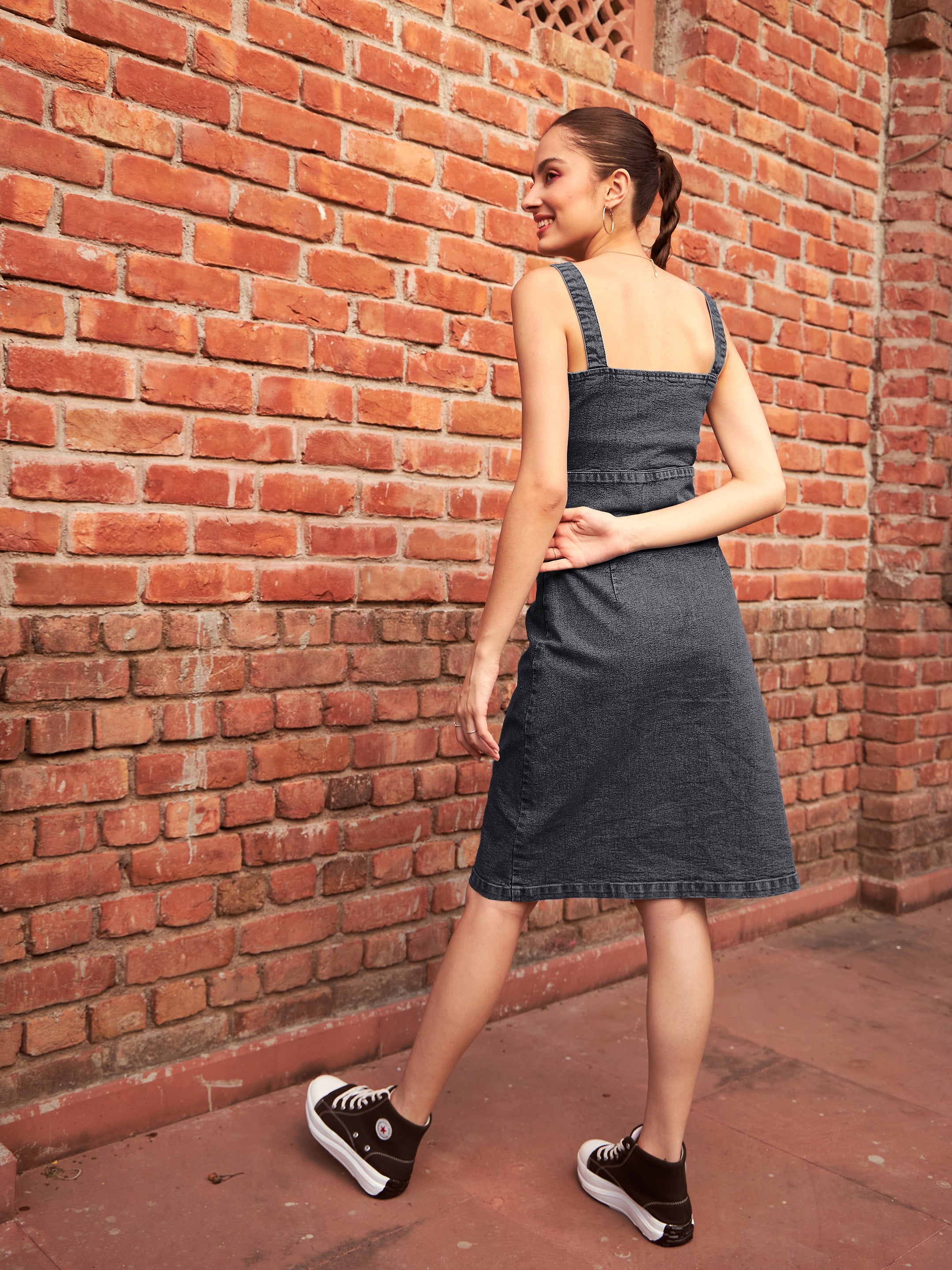 Women Black Denim Wash Strappy Dress-SFDRSS11880