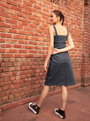 Women Black Denim Wash Strappy Dress-SFDRSS11880