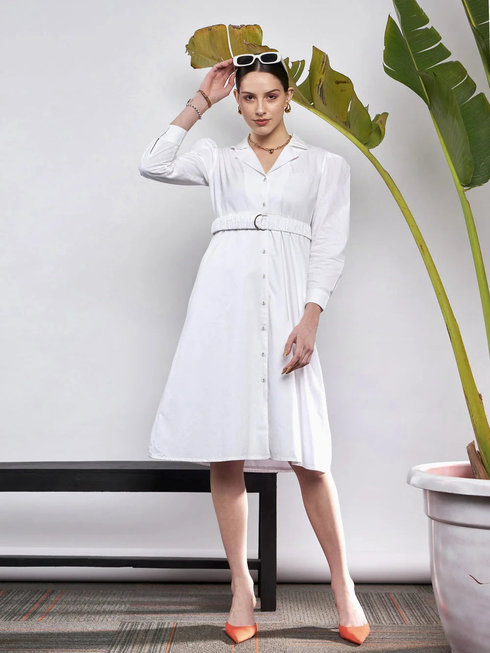 White Ruched Belted Shirt Dress | Women's Western Wear
