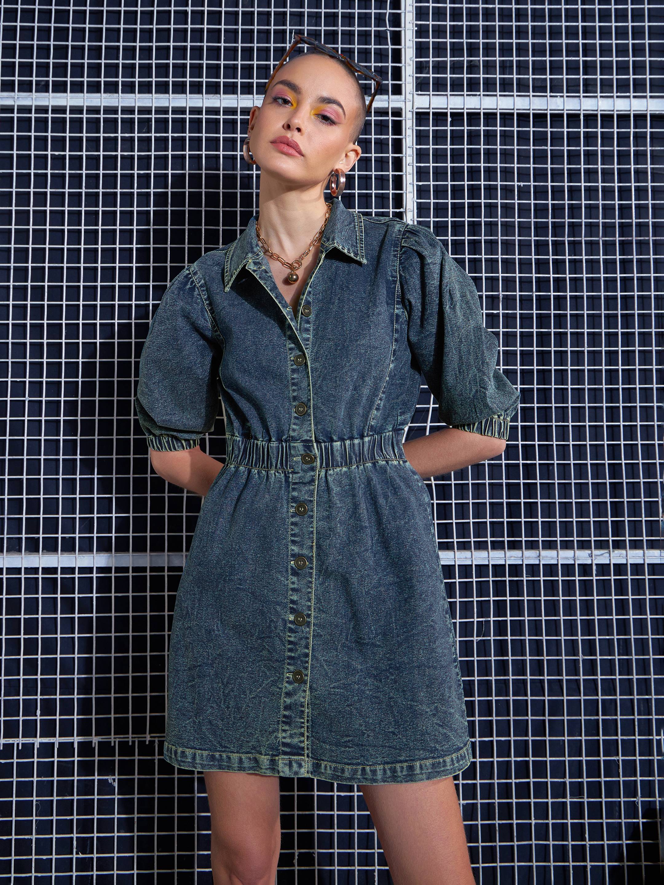 Women Green Washed Denim A-Line Shirt Dress-SFDRSS12000