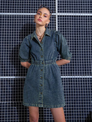 Women Green Washed Denim A-Line Shirt Dress-SFDRSS12000