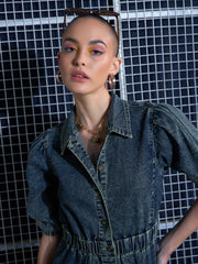 Women Green Washed Denim A-Line Shirt Dress-SFDRSS12000