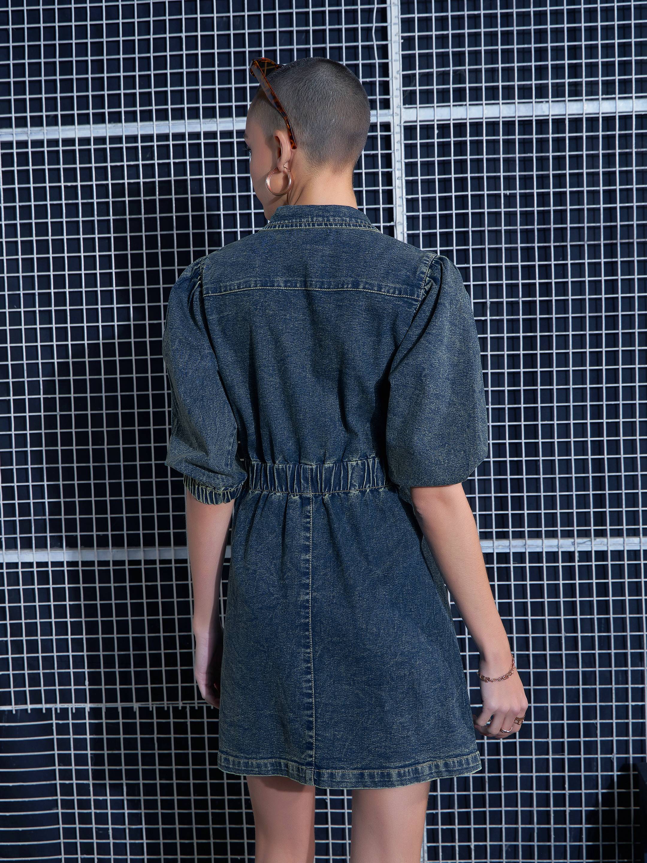 Women Green Washed Denim A-Line Shirt Dress-SFDRSS12000