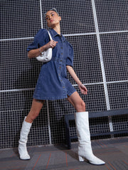 Women Blue Blast Denim A-Line Shirt Dress-SFDRSS12001