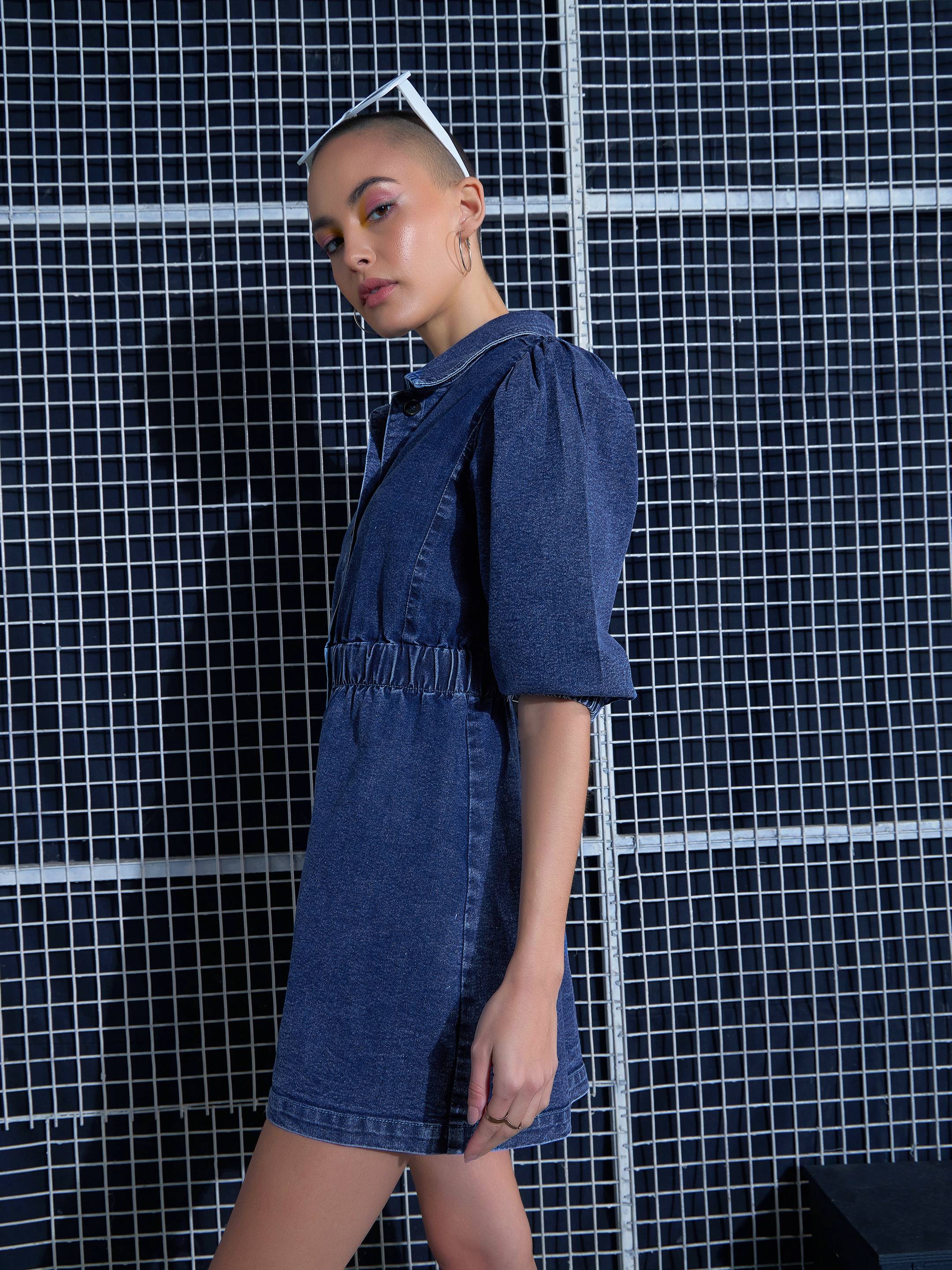 Women Blue Blast Denim A-Line Shirt Dress-SFDRSS12001
