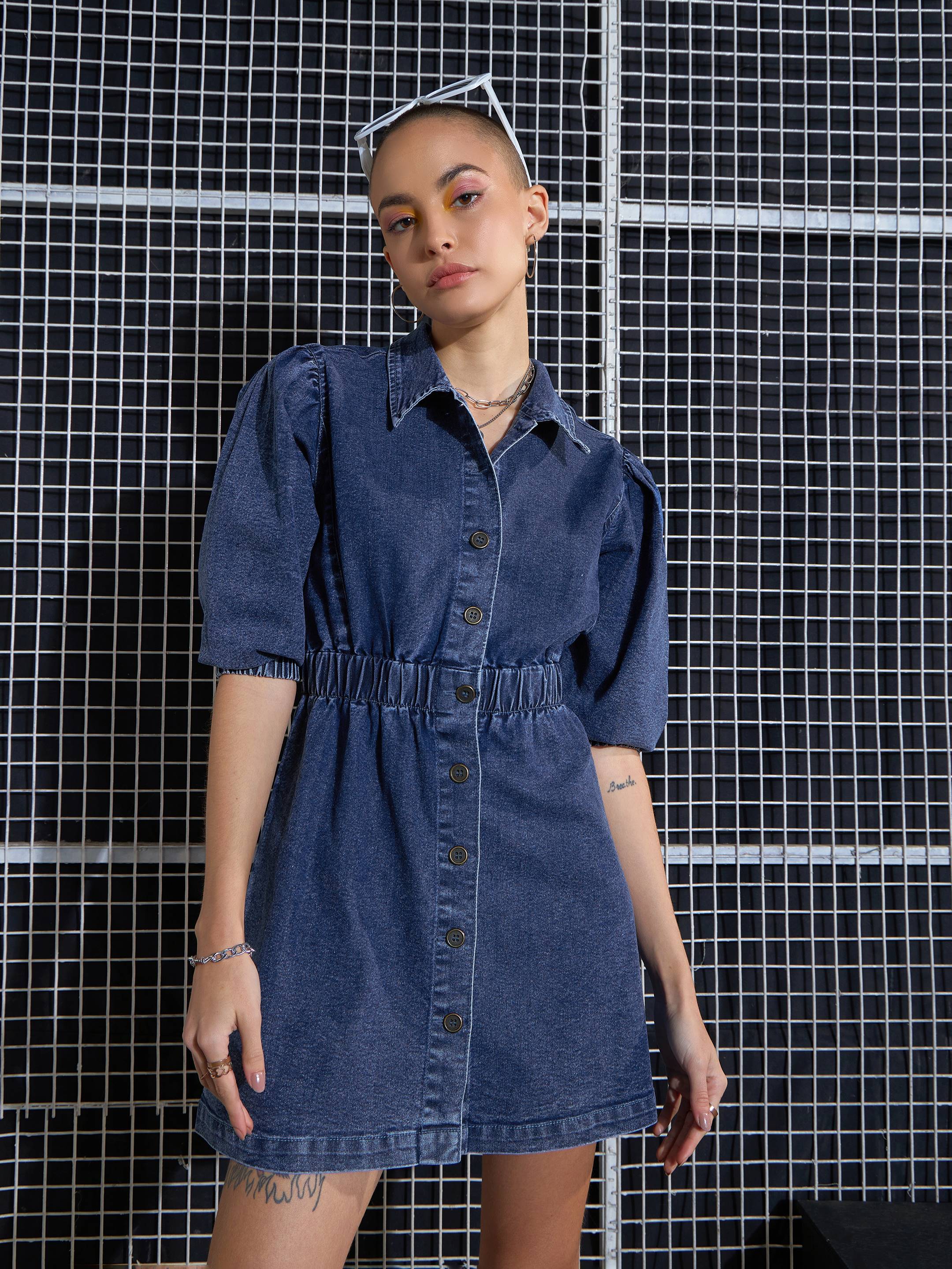 Women Blue Blast Denim A-Line Shirt Dress-SFDRSS12001