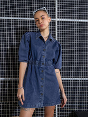 Women Blue Blast Denim A-Line Shirt Dress-SFDRSS12001