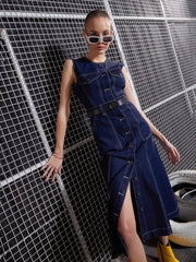 Women Navy Blue Waist Cut-Out Midi Dress-SFDRSS12044