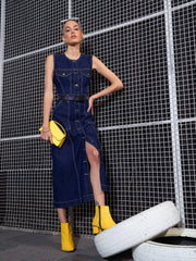 Women Navy Blue Waist Cut-Out Midi Dress-SFDRSS12044